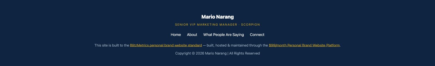 marionarang.com footer linking the BlitzMetrics personal brand website standard and the $99/month Personal Brand Website Platform