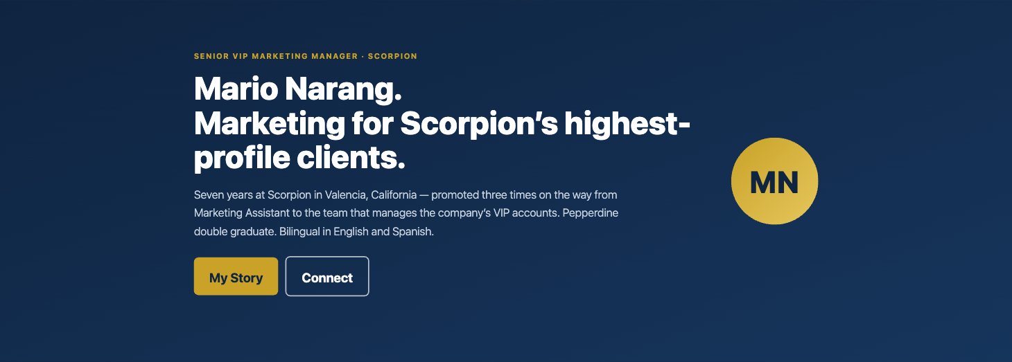 The homepage hero of marionarang.com: Mario Narang, Senior VIP Marketing Manager at Scorpion
